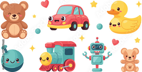 Cute kids toys set with teddy bear, car, train, robot and duck, colorful baby play objects cartoon vector illustration collection