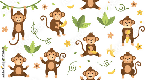 Cute Cartoon Monkey Collection with Bananas, Jungle Leaves, and Playful Poses for Kids Animal Characters, Nursery Decor, and Tropical Vector Illustration Designs