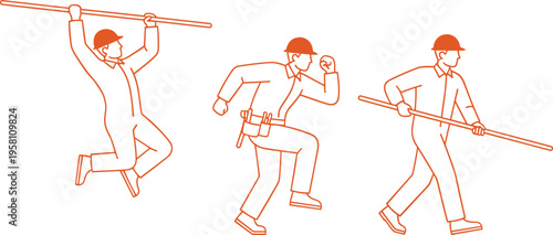 Vector illustration of construction workers in dynamic poses with hard hats and tools
