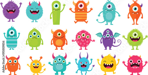 Cute Cartoon Monster Characters Collection with Funny Colorful Creatures, Big Eyes, Horns, and Different Expressions for Kids Games, Stickers, and Playful Vector Designs