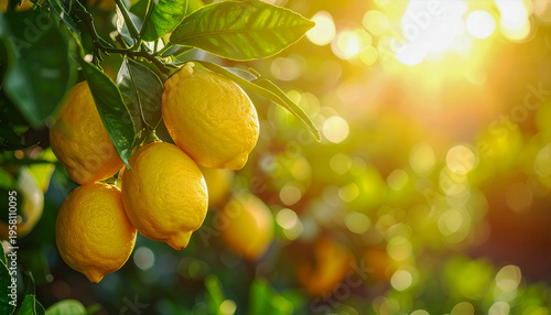 Lemons hanging from a tree branch with green leaves in a sunny orchard scene with bokeh effect with copy space