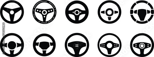 Minimalist black steering wheel silhouette car control drive vector icon set
