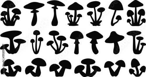 Minimalist mushroom collection icon set black solid fungi shapes botanical nature vector