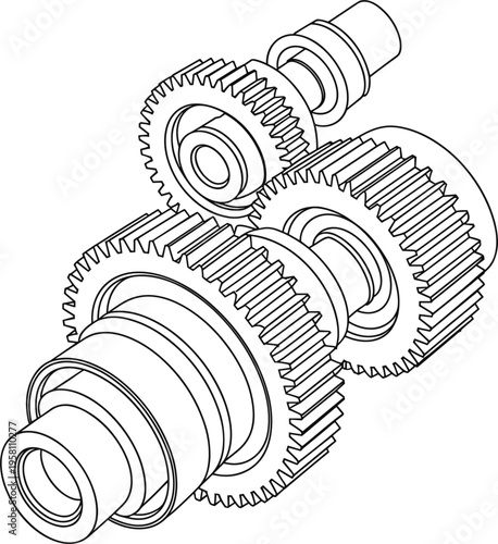 Mechanical gears assembly vector, technical line drawing of transmission gearbox system with interlocking cogs