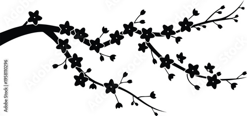 Minimalist black cherry blossom branch silhouette vector icon