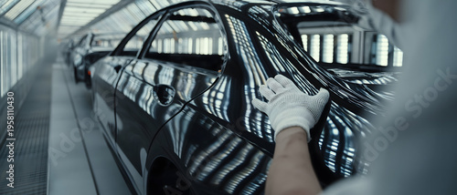 Worker in gloves inspects glossy black car body inside modern automotive paint booth with bright strip lights reflecting on the surface, quality control in manufacturing.