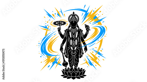 Lord Vishnu Hindu deity silhouette on lotus with energy splash vector illustration
