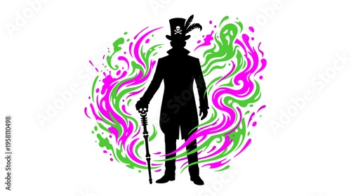 Mysterious voodoo witch doctor silhouette with skull top hat and colorful spectral smoke vector illustration