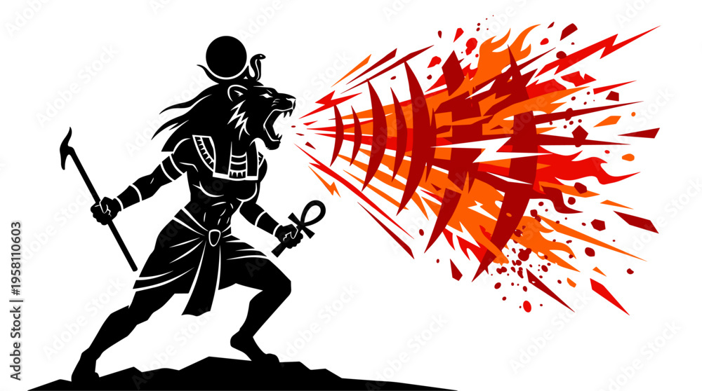 Fototapeta premium Powerful Egyptian goddess Sekhmet roaring fire and energy waves vector illustration