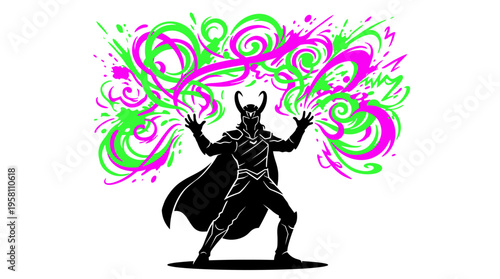 Powerful horned sorcerer silhouette casting vibrant magic swirls vector illustration