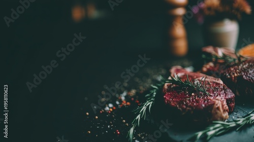 Sizzling steak preparation rustic kitchen food photography warm atmosphere close-up view culinary artistry