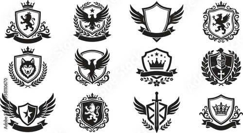 A collection of black and white heraldic emblems and crests with crowns, wings, and shields on a plain background