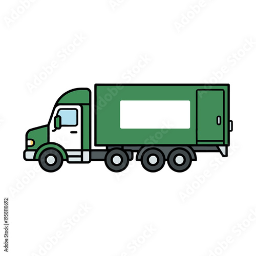 A green delivery truck with a white rectangular space on its side for branding or text.