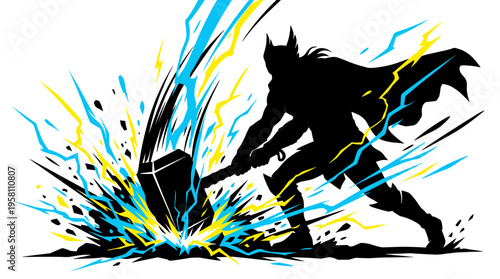 Silhouette of powerful warrior god striking hammer with lightning explosion vector illustration