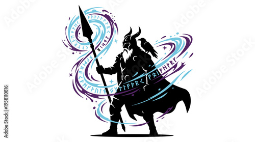 Silhouette of Viking god Odin with spear and raven amidst magical runes vector illustration
