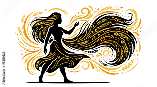 Silhouette of woman representing harvest goddess with flowing wheat hair vector illustration