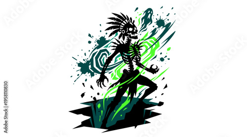 Skeleton Aztec warrior with feathered headdress and glowing green energy vector illustration