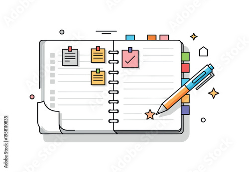 Personal productivity planning showing a tidy planner page with small sticky reminders and a colorful pen drawing a star next to a completed task. Encouraging