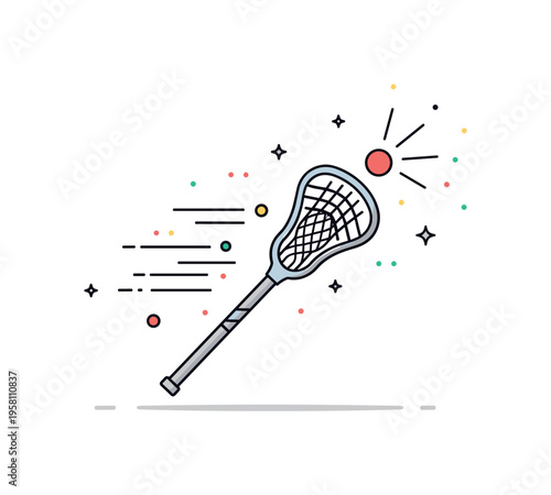 Lacrosse sport dynamic scene with a lacrosse stick catching a small ball in the pocket while motion lines and tiny stars suggest fast paced gameplay and