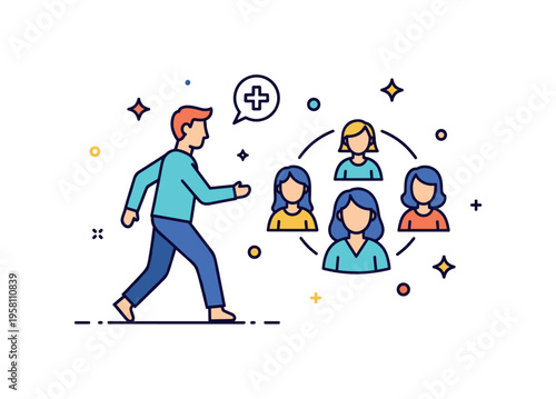 Joining a social group adult figure stepping toward a small circle of friendly characters with a subtle plus icon above them. The visual metaphor represents