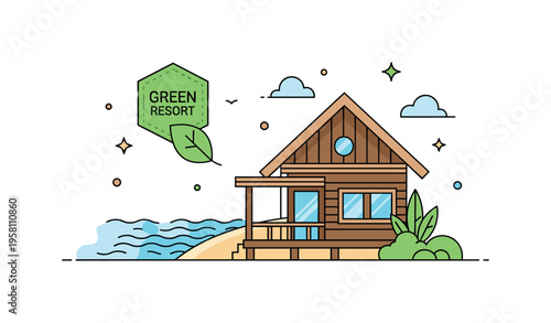 Eco friendly beach resort with a stylish wooden bungalow facing calm ocean waves and a small leaf shaped badge labeled ?Green Resort?. The illustration