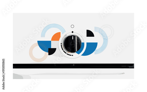 black and white oven control knob centered on a minimal stove panel, white cut-out outline around the knob, abstract circles and semicircles symbolizing