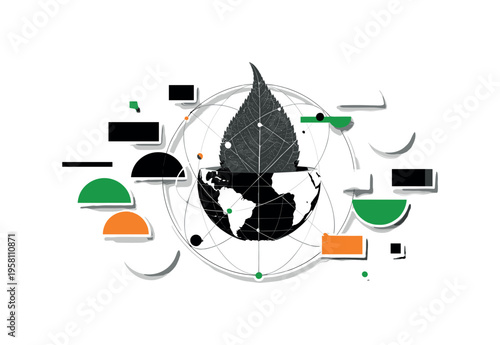 realistic black and white leaf transforming into a globe, intersected by geometric circles and thin orbit lines symbolizing nature systems, abstract blocks and