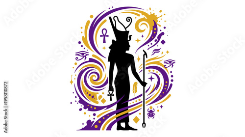 Stylized Egyptian goddess silhouette with ankh and mystical swirling patterns vector illustration