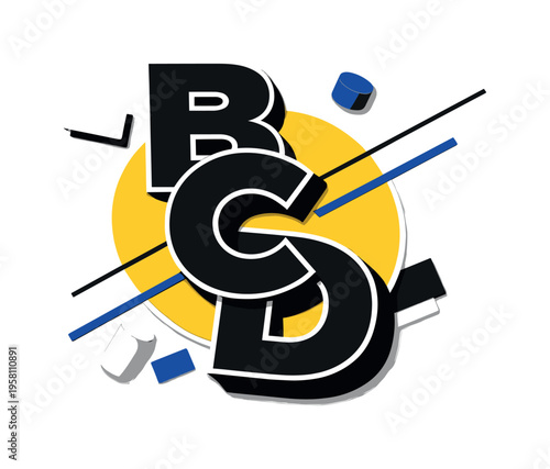 Black and white stacked letters B C D arranged asymmetrically, intersected by a bold yellow circular form and thin diagonal lines, floating abstract rectangles