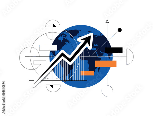 conceptual financial collage with a black and white arrow piercing through a rising graph line, white cut-out outline effect around the arrow and chart, bold