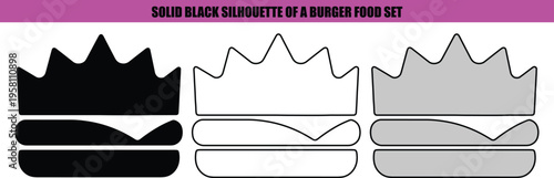 Three burger silhouettes black white gray food