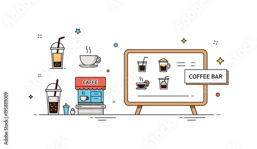 Minimal coffee shop menu display with a clean board showing drink icons and a small label reading ?Coffee Bar?. The scene conveys a modern cafe aesthetic