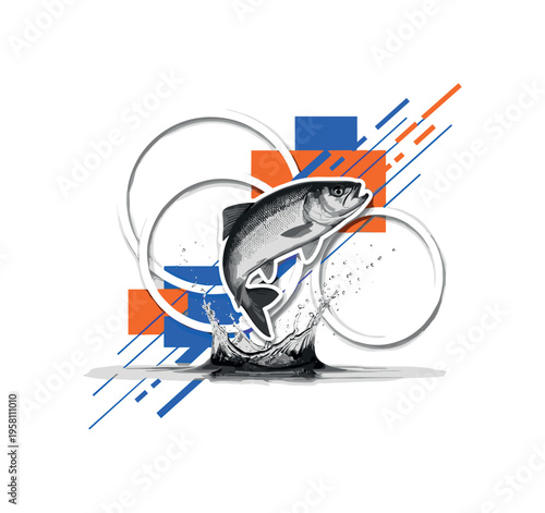 monochrome realistic fish jumping from lake water near fishing line, white cut-out outline around fish and splash, overlapping circles and diagonal shapes