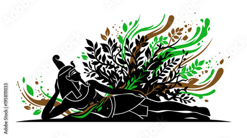 Ancient Egyptian pharaoh silhouette lying with growing plants and leaves vector illustration