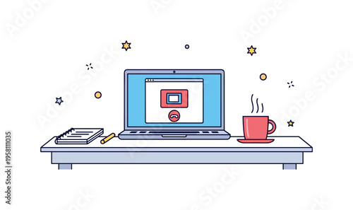 Remote work desk setup with a laptop screen showing a small video call icon while a notebook and coffee mug sit nearby. The visual suggests modern digital