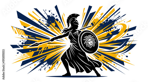 Ancient Greek goddess Athena silhouette with spear and Medusa shield vector illustration