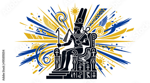 Ancient Egyptian pharaoh sitting on throne with abstract sunburst vector illustration