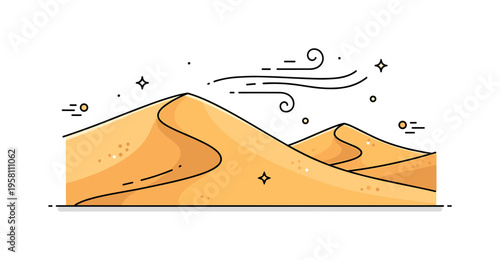 Wind shaped desert dunes smooth golden dunes with flowing lines showing how desert winds sculpt the sand into natural patterns. The scene highlights movement