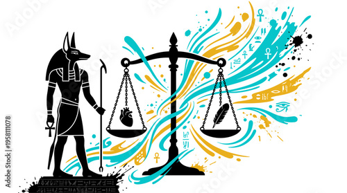Anubis weighing heart on scales with abstract swirls Egyptian vector illustration