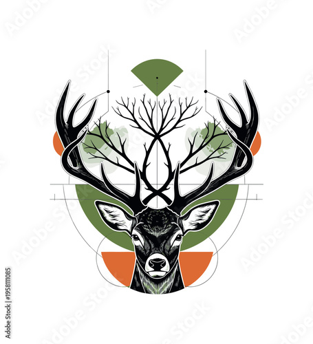 black and white deer with antlers forming a symmetrical composition with forest branches, white outline cut-out effect, semicircles and thin structural lines