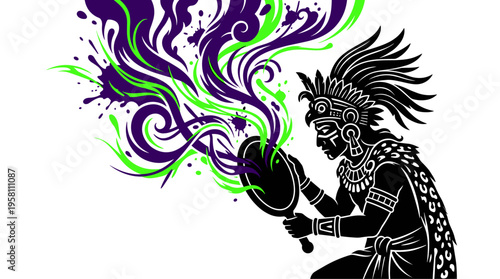 Aztec priest holding smoking mirror with purple energy and jaguar skin vector illustration