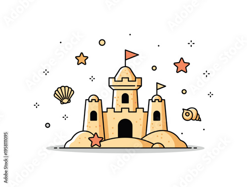 Sandcastle on the beach playful sandcastle with small towers and a tiny flag while seashell and star icons create a cheerful seaside atmosphere. The scene