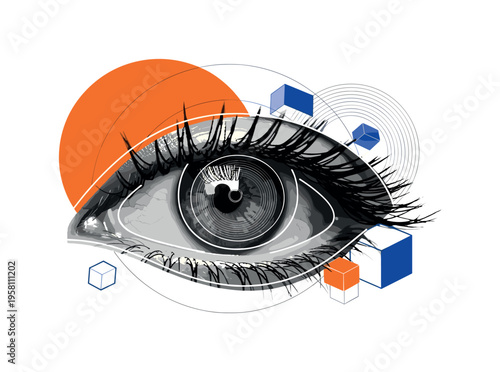 macro close-up of a human eye with sharp eyelashes and iris pattern, black and white photographic cut-out with white contour outline, large orange circle