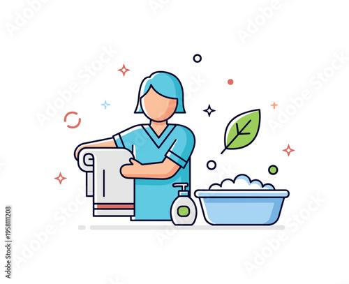 Helping with daily hygiene caregiver figure offering assistance with personal hygiene items like a towel and wash basin while a small leaf icon suggests