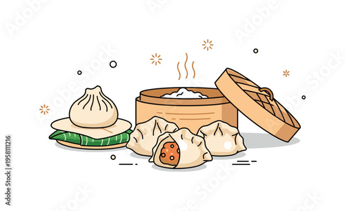 Homemade steamed dumplings preparation dumpling wrapper and filled dumplings placed near a small steamer basket while tiny flour spark icons suggest handmade