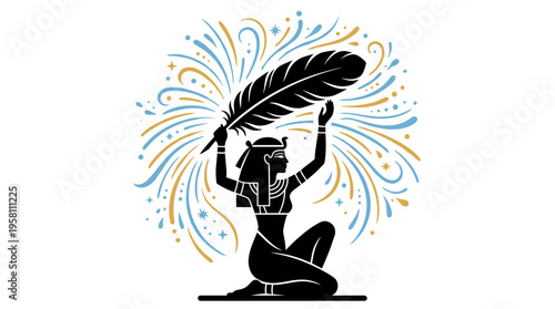 Egyptian Goddess Maat kneeling and holding large feather with celestial swirls vector illustration