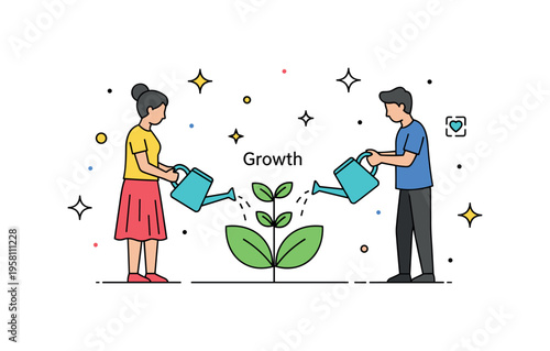 Shared growth in relationships two partners watering a small plant labeled Growth that rises between them with fresh leaves and tiny stars. The composition