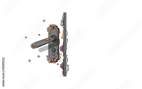 Old metal door handle attached to a rust covered door surface with chipped paint edges. The close scene focuses on decay, texture and the quiet character of