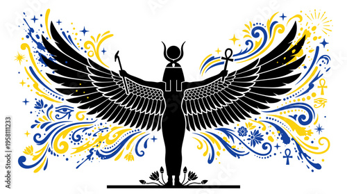 Egyptian goddess Isis silhouette with wings and blue yellow paint splatter vector illustration