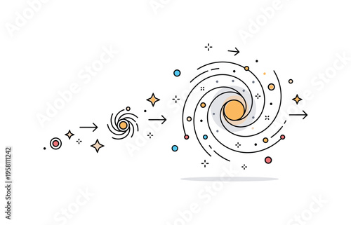Spiral galaxy evolution bright spiral galaxy with swirling arms and tiny star clusters while small arrows and star icons hint at gradual cosmic growth and
